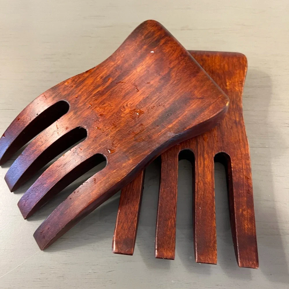 Solid Dark Wood Salad Hands Claws Kitchen Serving Utensil Smooth Edge Thumb Pad